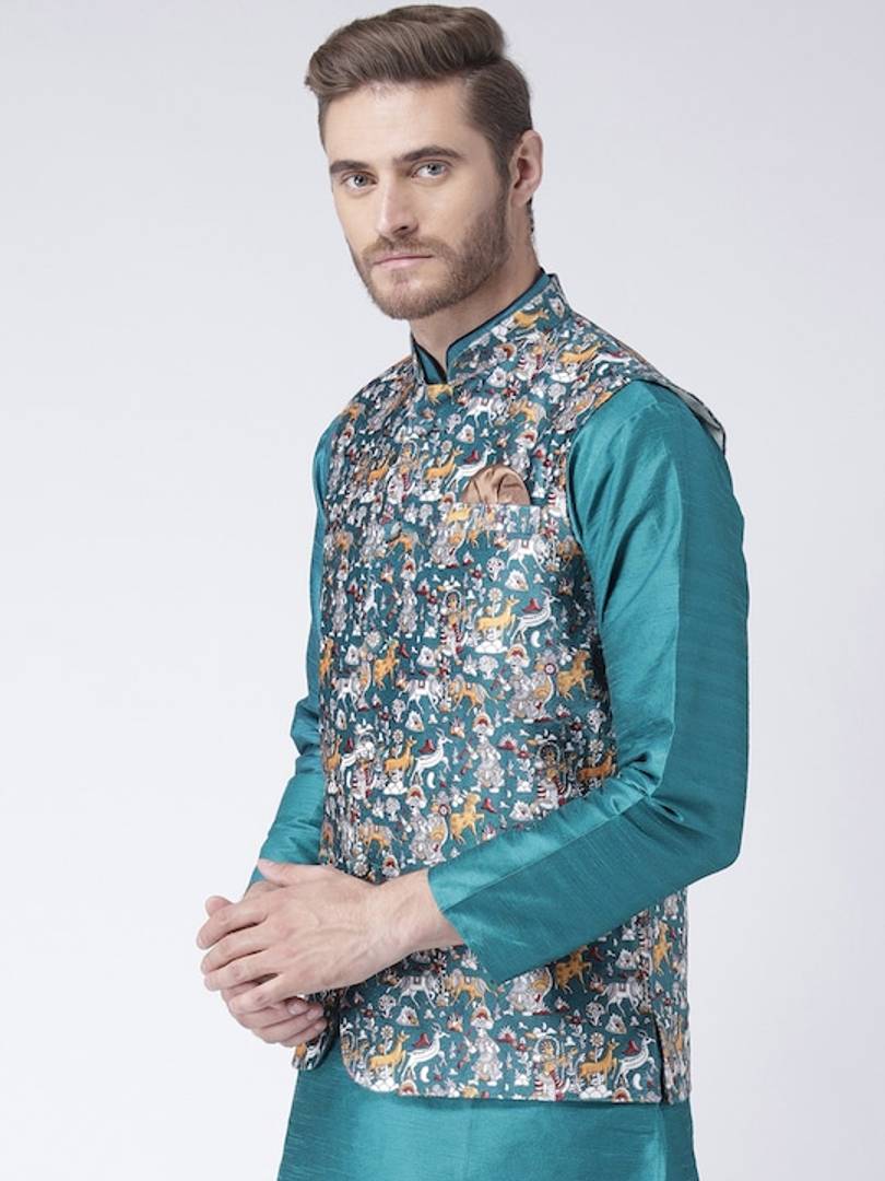 Men's Multicoloured 
Polyester
 Printed Nehru Jackets